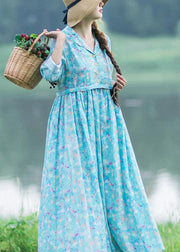 Italian Blue Print Clothes Notched Cinched Maxi Summer Dresses - SooLinen