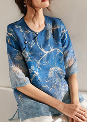 Italian Blue Print Oriental Summer Ramie Shirt Half Sleeve - SooLinen