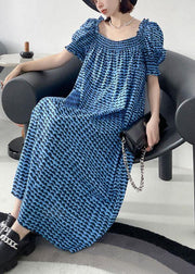 Italian Blue Print Square Collar Puff Sleeve Cotton Mid Dress - SooLinen