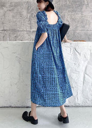 Italian Blue Print Square Collar Puff Sleeve Cotton Mid Dress - SooLinen