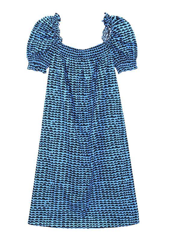 Italian Blue Print Square Collar Puff Sleeve Cotton Mid Dress - SooLinen