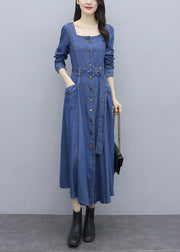 Italian Blue Solid Square Collar Button Pockets Sashes Cotton Denim Long Dresses Long Sleeve