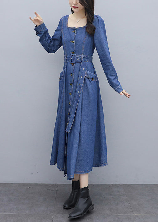 Italian Blue Solid Square Collar Button Pockets Sashes Cotton Denim Long Dresses Long Sleeve