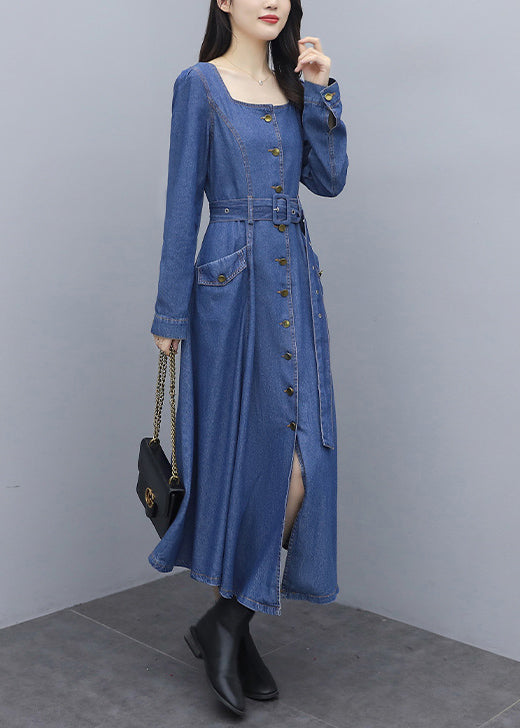 Italian Blue Solid Square Collar Button Pockets Sashes Cotton Denim Long Dresses Long Sleeve