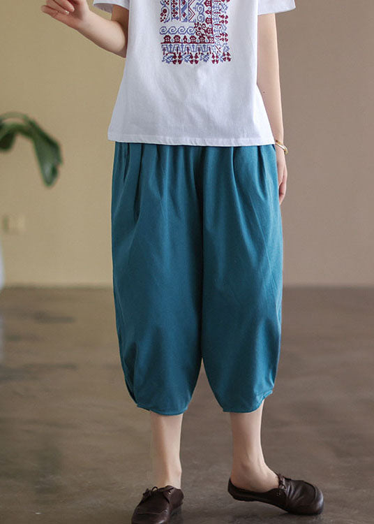 Italian Blue Solid Wrinkled Pockets Linen Crop Pants Summer