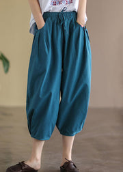 Italian Blue Solid Wrinkled Pockets Linen Crop Pants Summer