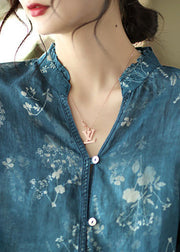 Italian Blue V Neck Print Linen Shirt Spring