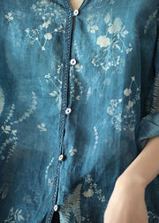 Italian Blue V Neck Print Linen Shirt Spring