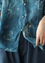 Italian Blue V Neck Print Linen Shirt Spring