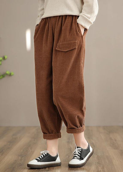 Italian Chocolate Casual Spring Elastic Waist Pockets Wide Leg Pants - SooLinen