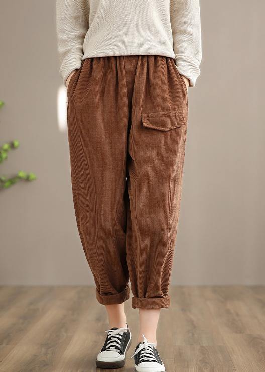 Italian Chocolate Casual Spring Elastic Waist Pockets Wide Leg Pants - SooLinen