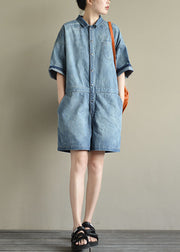 Italian Denim Blue Button Peter Pan Collar Pocket Cotton Jumpsuits Summer