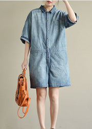 Italian Denim Blue Button Peter Pan Collar Pocket Cotton Jumpsuits Summer