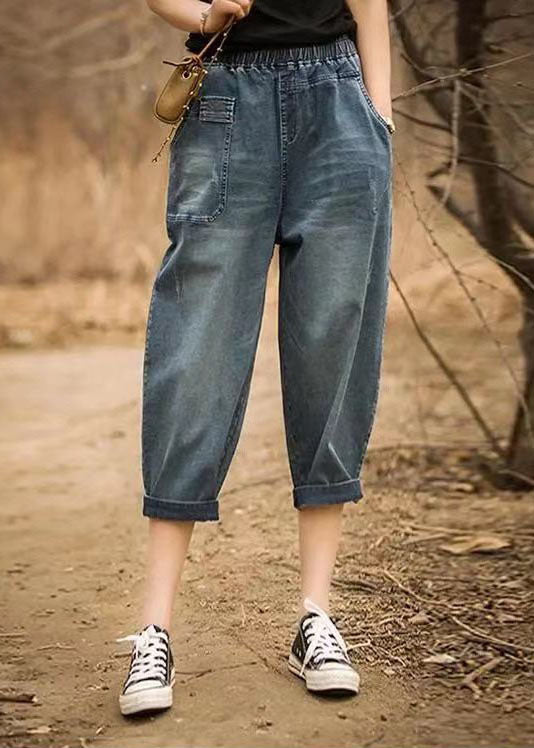 Italian Denim Blue Elastic Waist Asymmetrical Pockets Cotton Crop Pants Summer