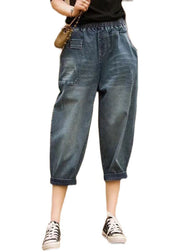 Italian Denim Blue Elastic Waist Asymmetrical Pockets Cotton Crop Pants Summer