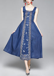 Italian Denim Blue Embroideried Wrinkled Cotton Vacation Strap Dresses Sleeveless