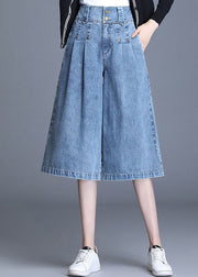 Italian Denim Blue High Waist Wrinkled Pockets Cotton Crop Straight Pants Summer