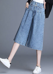 Italian Denim Blue High Waist Wrinkled Pockets Cotton Crop Straight Pants Summer