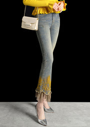 Italian Denim Blue Wraped High Waist Embroideried Pockets Patchwork Tulle Cotton Flare Pants Summer