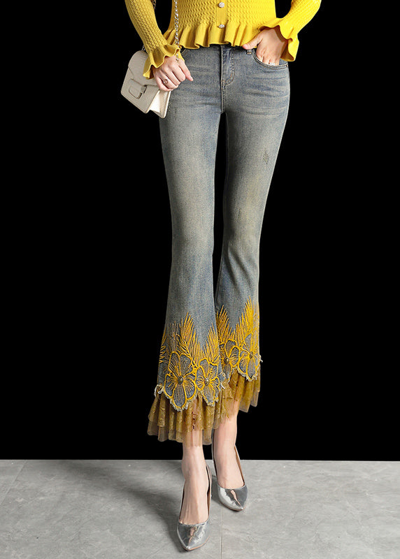 Italian Denim Blue Wraped High Waist Embroideried Pockets Patchwork Tulle Cotton Flare Pants Summer