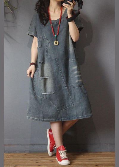 Italian Denim Hole Cotton asymmetrical design Summer Long Dress - SooLinen