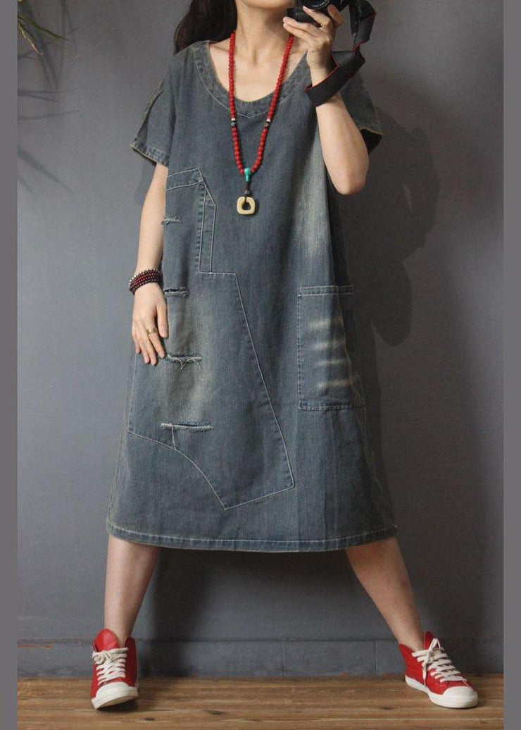 Italian Denim Hole Cotton asymmetrical design Summer Long Dress - SooLinen