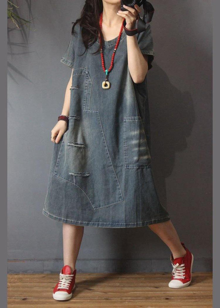 Italian Denim Hole Cotton asymmetrical design Summer Long Dress - SooLinen