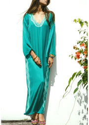 Italian Green Embroideried Long sleeve Cotton Dress Beach Gown Summer - SooLinen