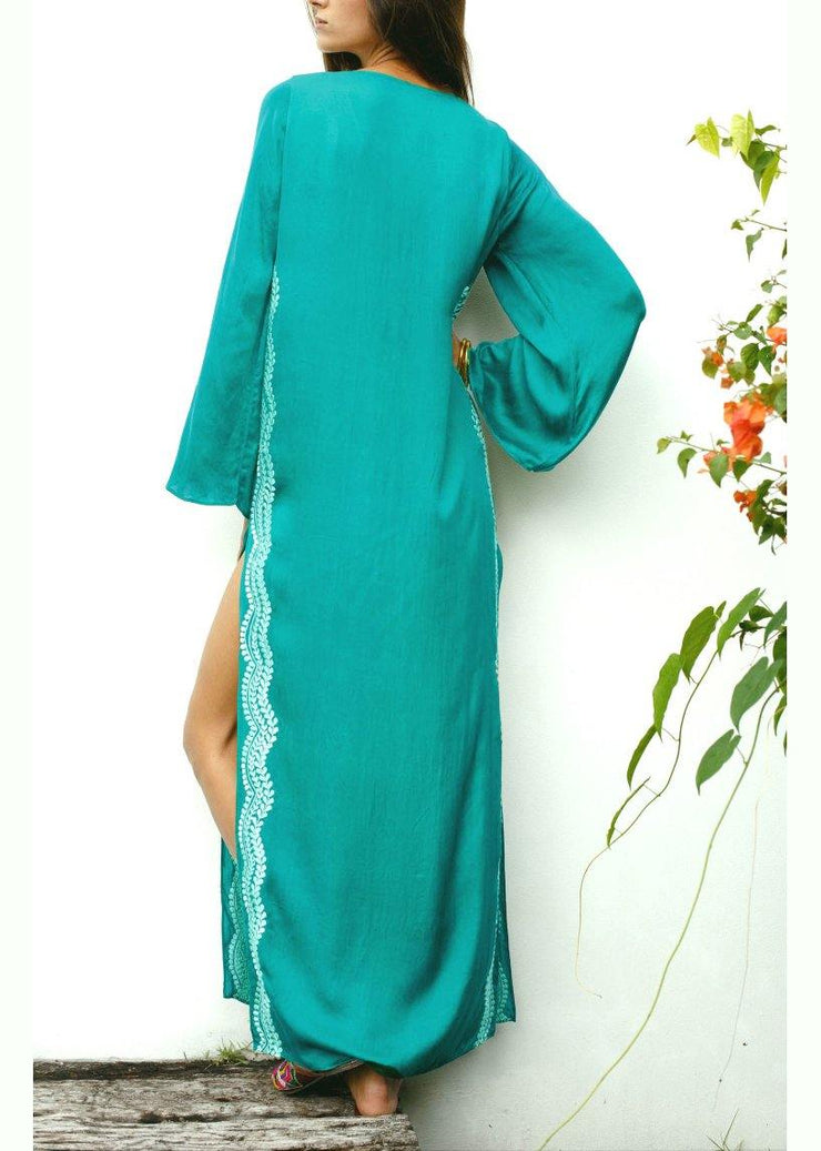 Italian Green Embroideried Long sleeve Cotton Dress Beach Gown Summer - SooLinen