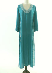 Italian Green Embroideried Long sleeve Cotton Dress Beach Gown Summer - SooLinen