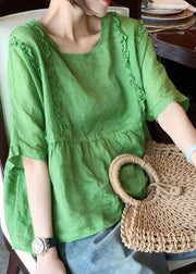 Italian Green O-Neck Ruffled Patchwork Linen Tops Short Sleeve