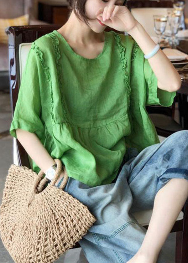 Italian Green O-Neck Ruffled Patchwork Linen Tops Short Sleeve