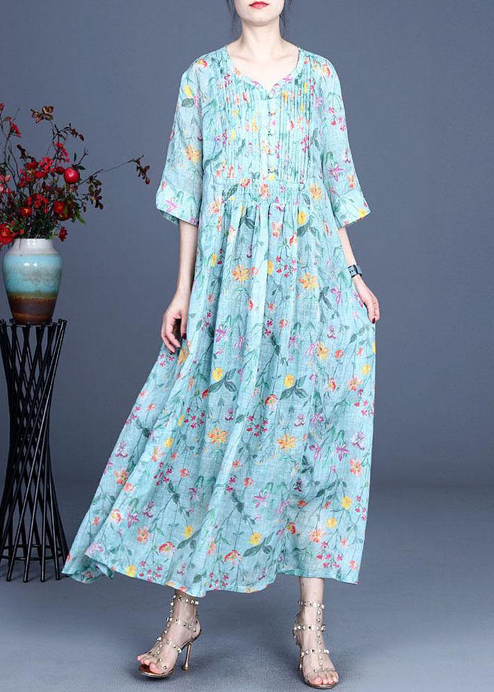 Italian Green Print Cinched Summer Ramie Summer Dresses - SooLinen