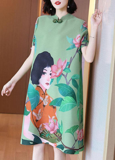 Italian Green Print Oriental Half Sleeve Party Dress Summer - SooLinen