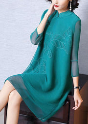 Italian Green Print Oriental Long sleeve Robe Dresses Summer - SooLinen