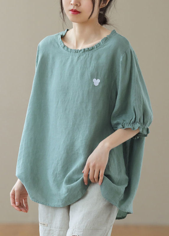 Italian Green Ruffled Print Loose Fall Tee Half Sleeve