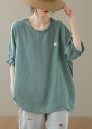 Italian Green Ruffled Print Loose Fall Tee Half Sleeve