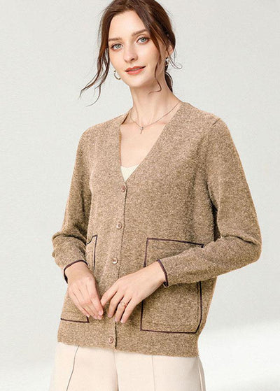 Italian Khaki V NeckPockets Spring Cardigan Long sleeve - SooLinen