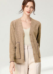 Italian Khaki V NeckPockets Spring Cardigan Long sleeve - SooLinen