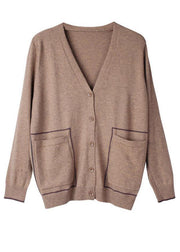 Italian Khaki V NeckPockets Spring Cardigan Long sleeve - SooLinen