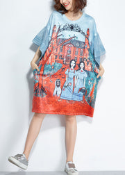 Italian Light Blue O-Neck Pocket Character Print Silk Mid Dresses Flare Sleeve