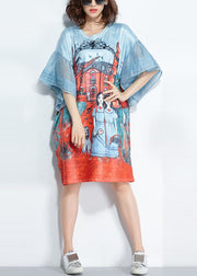 Italian Light Blue O-Neck Pocket Character Print Silk Mid Dresses Flare Sleeve