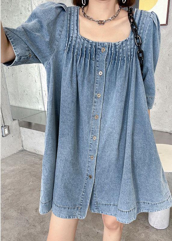 Italian Light Blue Square Collar Button Denim Summer Mini Dress - SooLinen