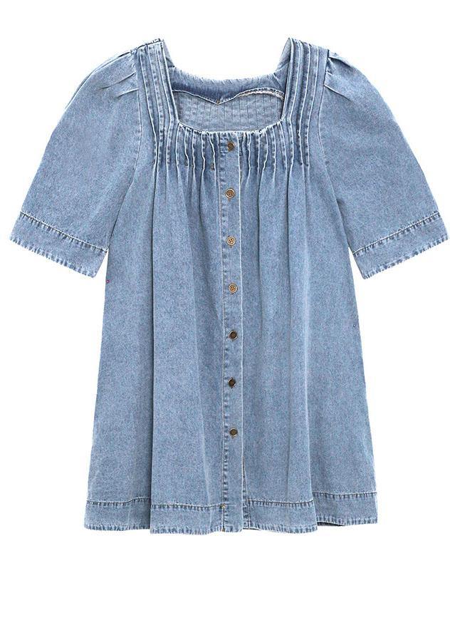 Italian Light Blue Square Collar Button Denim Summer Mini Dress - SooLinen