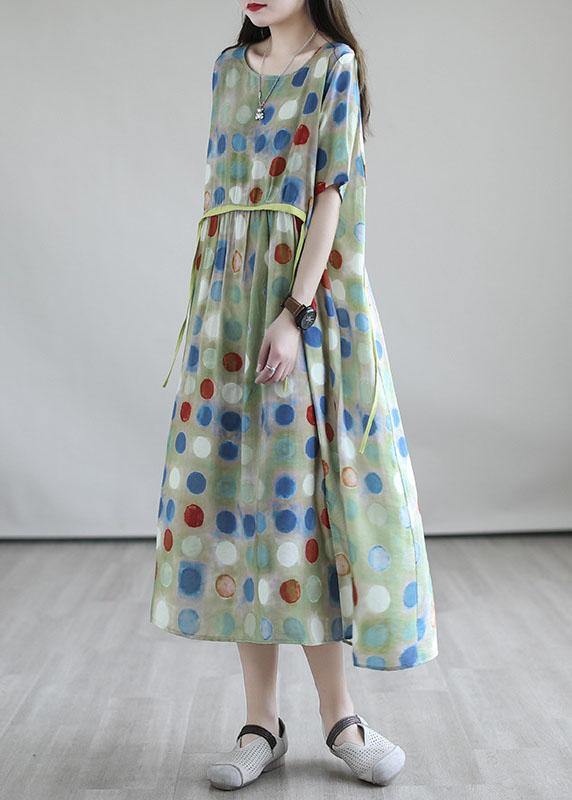 Italian Light Green Drawstring Patchwork Print Summer Cotton Vacation Dresses - SooLinen