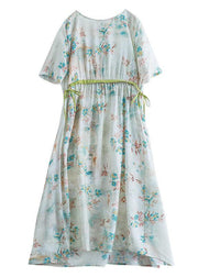 Italian Light Green Drawstring Patchwork Print Summer Cotton Vacation Dresses - SooLinen