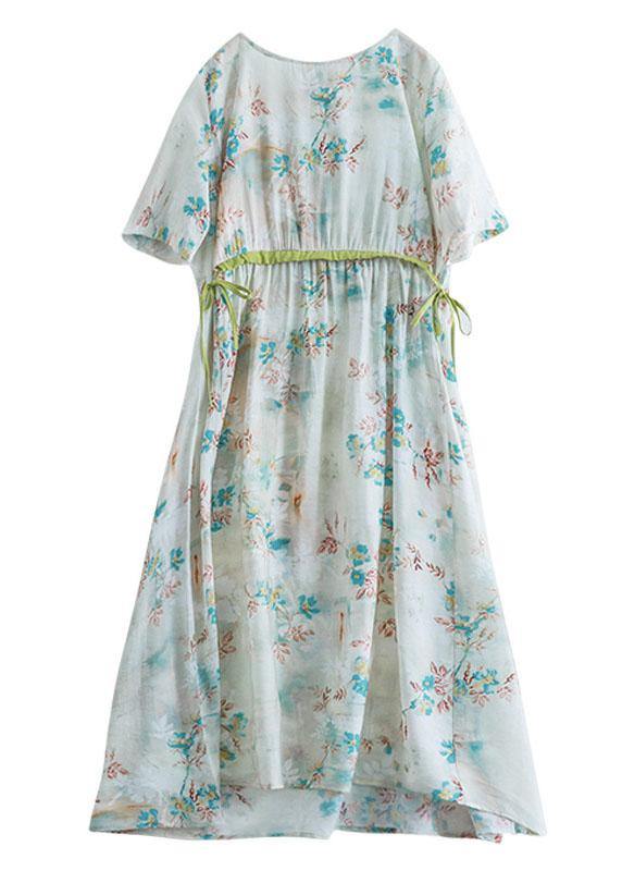 Italian Light Green Drawstring Patchwork Print Summer Cotton Vacation Dresses - SooLinen