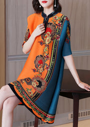 Italian Orange Blue Stand Collar Print Silk Vacation Dresses Short Sleeve