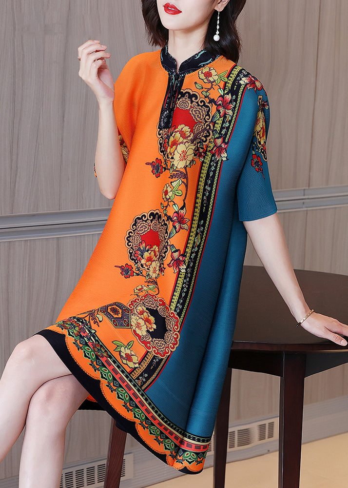 Italian Orange Blue Stand Collar Print Silk Vacation Dresses Short Sleeve