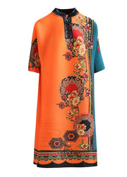 Italian Orange Blue Stand Collar Print Silk Vacation Dresses Short Sleeve